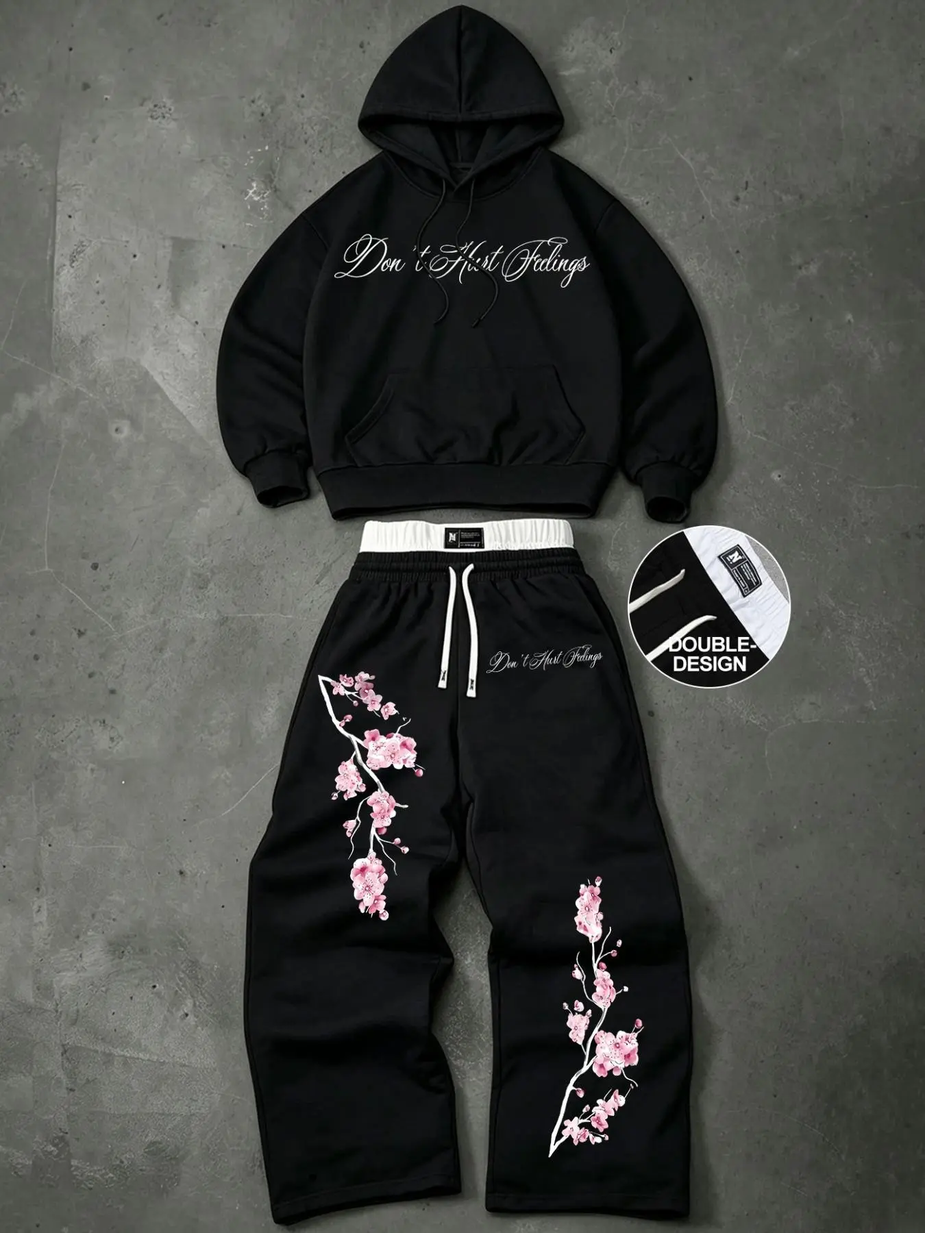 Men 2‑Piece Streetwear Matching Set Black Oversized Hoodie And Wide Leg Sweatpants Cherry Blossom Floral Cursive Letter Graphic Print Drawstring Hood Kangaroo Pocket Elastic Waistband Heavyweight Outfit Set For Fall Winter Daily Skate Going‑Out Casual OOT