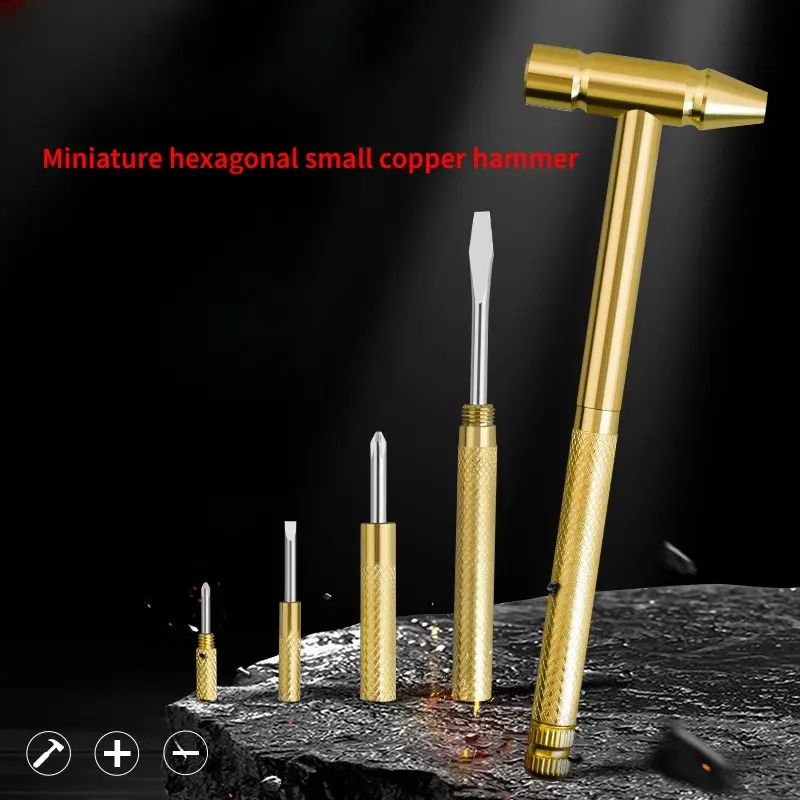 6 in 1 Mini Copper Plated Hammer, Household Precision Repair Multi Tool with Flat & Phillips Screwdriver Bits
