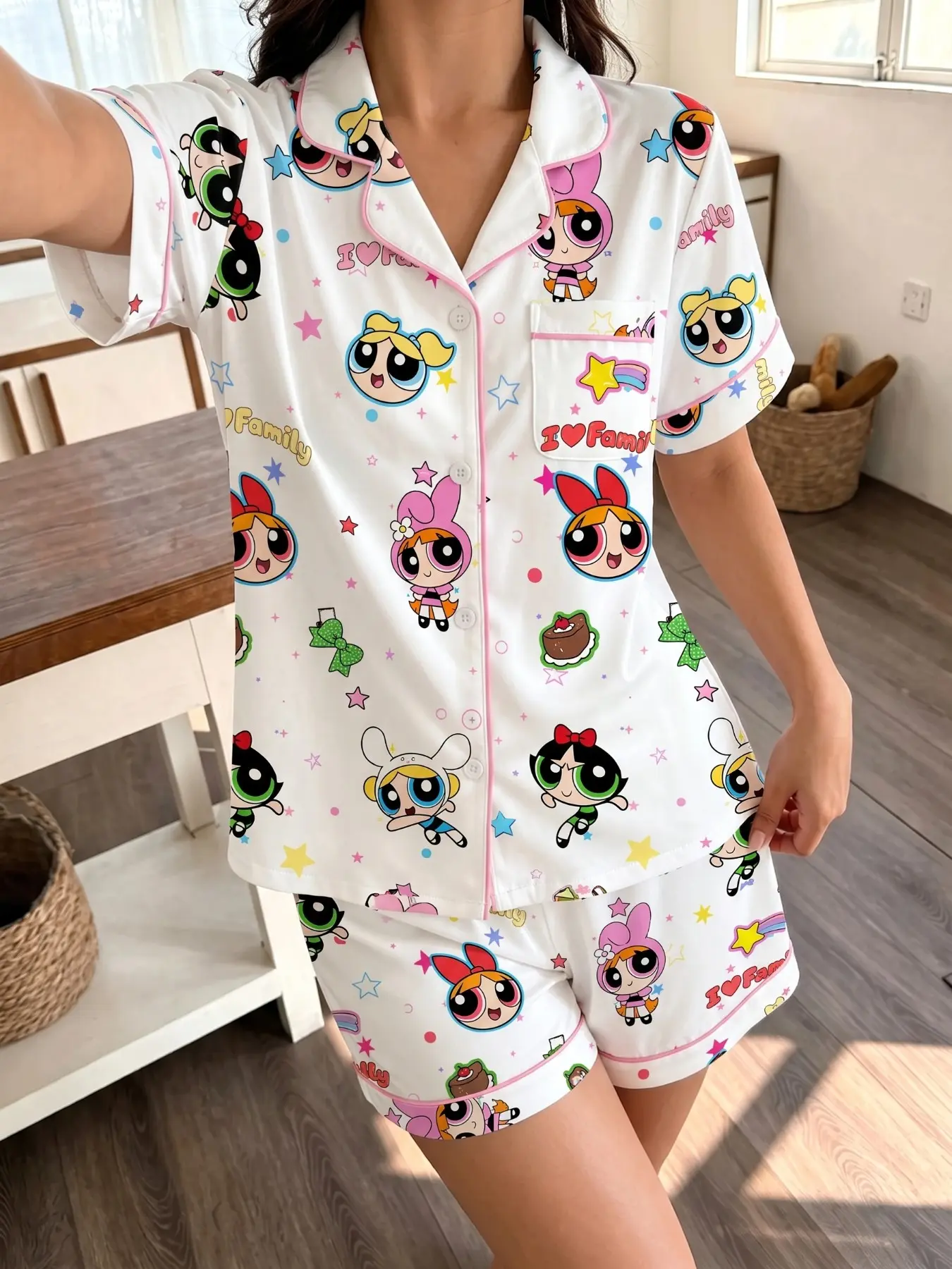 Summer Women's Pajama Set, Short Sleeve Button-Up Top & Loose Shorts, Powerpuff Girls Print, Nightwear & Casual Wear