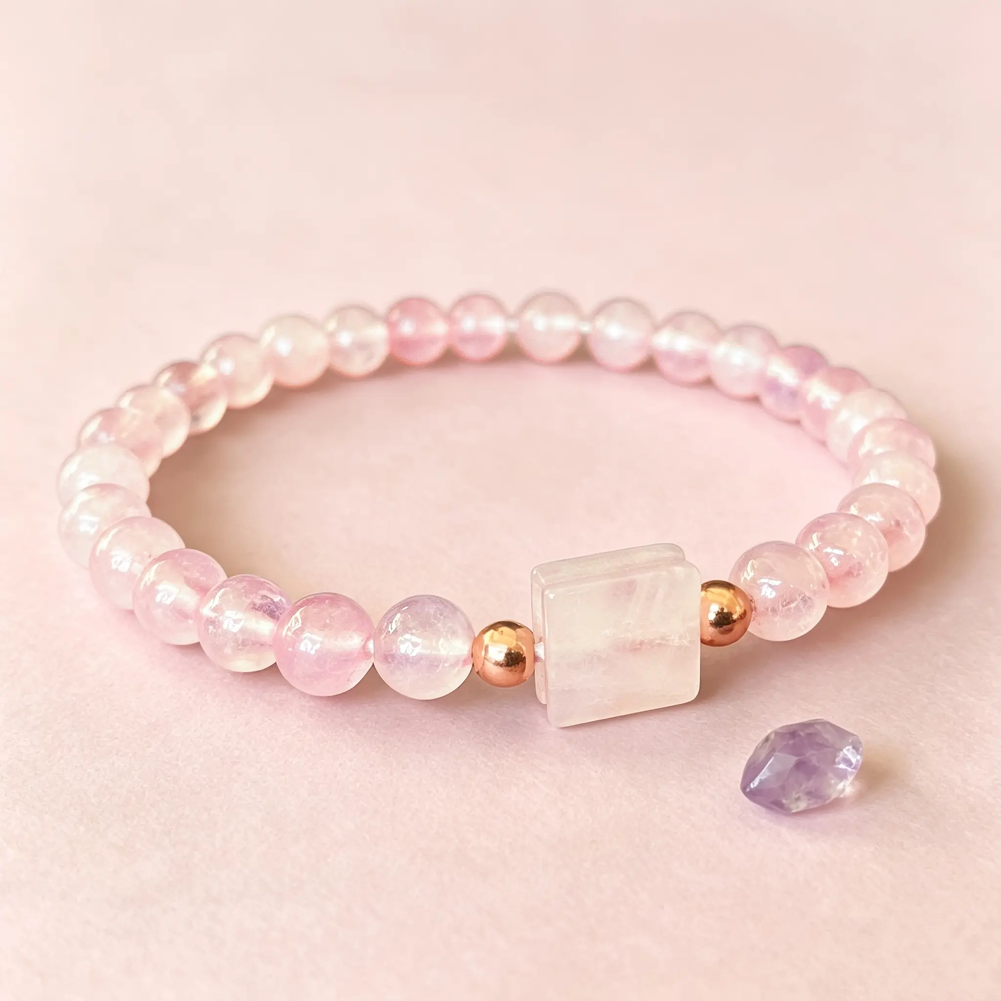 Natural pink crystal rose quartz bracelet with delicate appearance for daily wear. It is a romantic ornament and thoughtful present for Valentine's Day and anniversary occasions.
