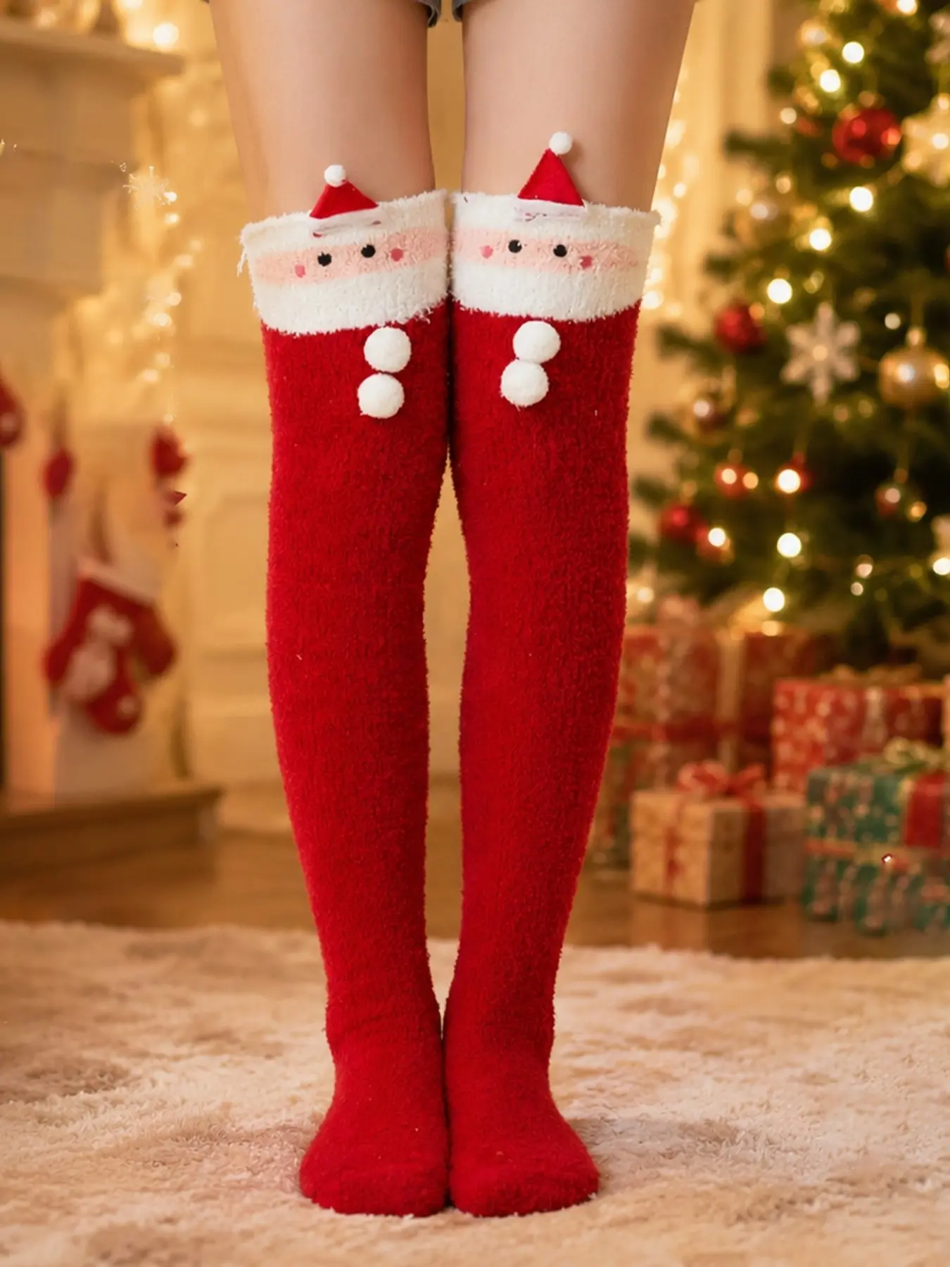 Cartoon Santa Claus Thick Warm Over-The-Knee Socks, Comfortable Versatile Christmas Stockings, Perfect for Holiday Wear