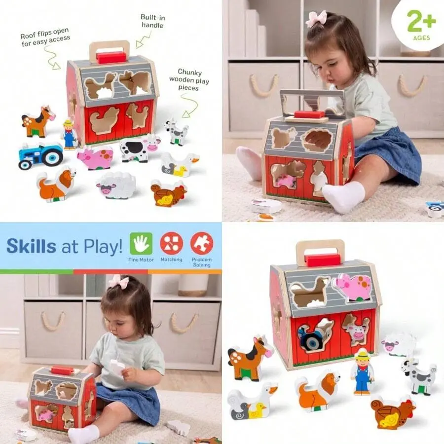 Take-Along Wooden Toy Barn 11-Pc Portable Toddler Playset With Farm Animals Pop-Up Roof Preschool Learning Toys For Girls Boys 2+