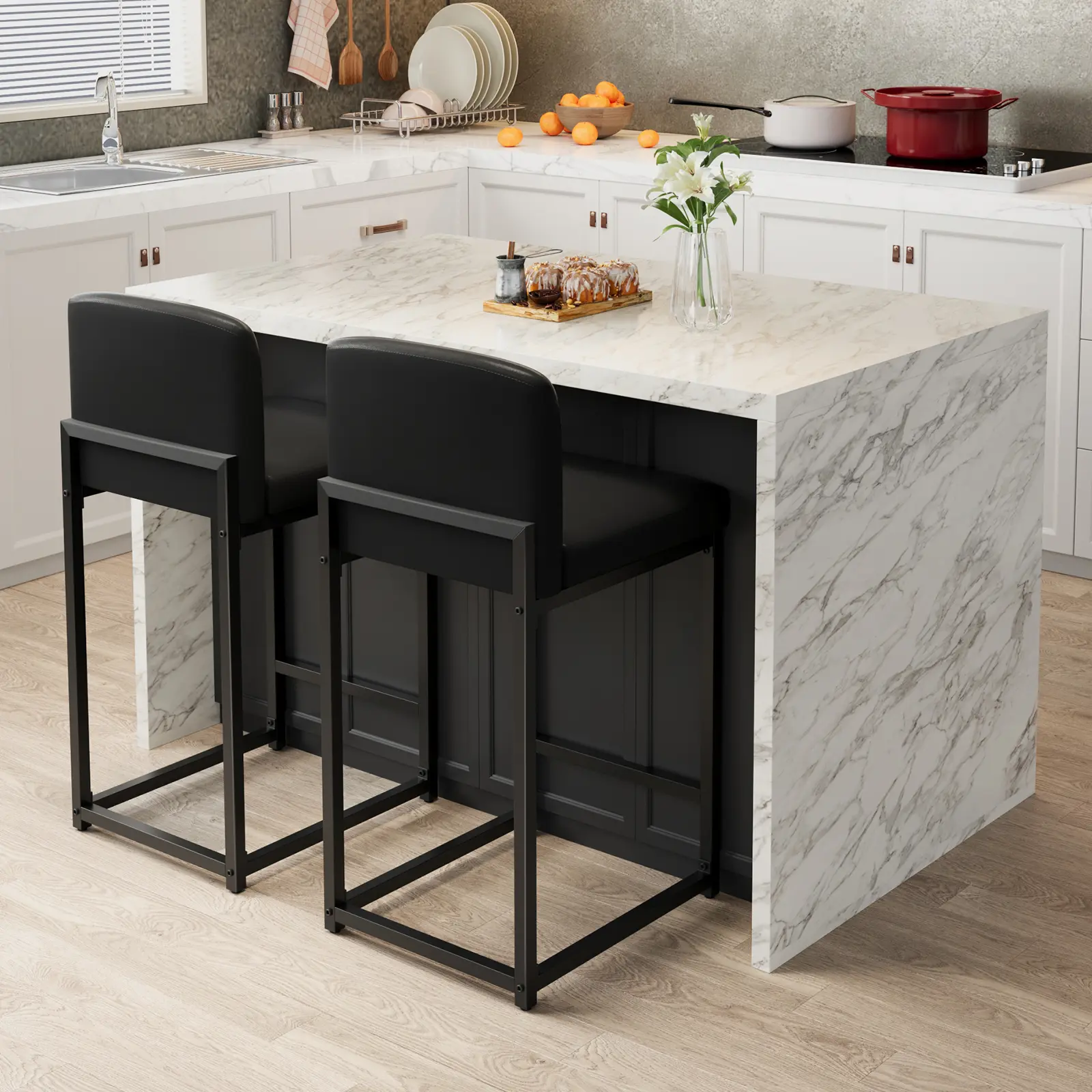 2 Pcs Modern Counter Height Barstools for Adults - 25 in White Faux Leather Upholstered Chairs with Backrest, Footrest, 300 lbs Per Stool for Kitchen Island, Home Bar