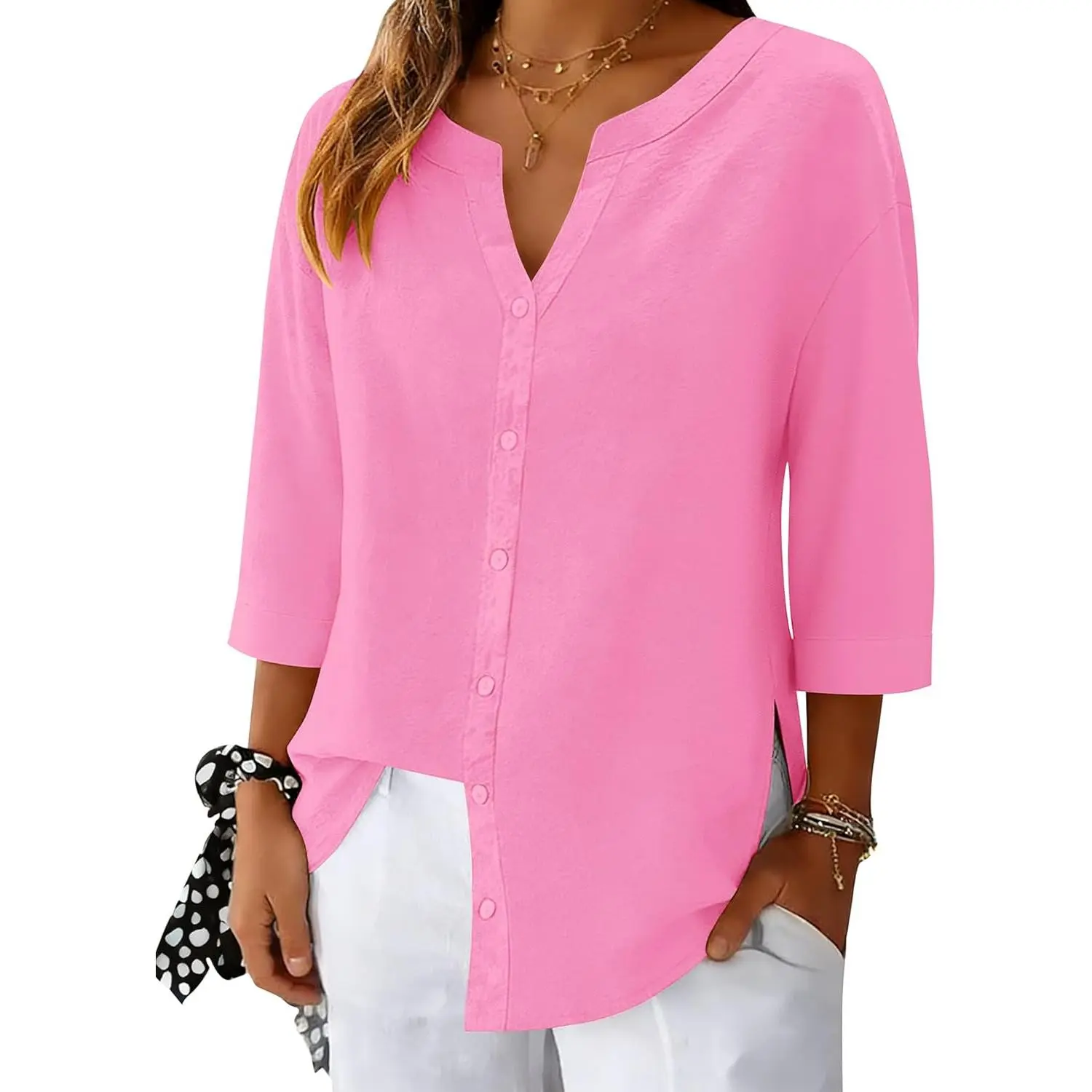 Women's 3/4 Sleeve V-Neck Button-Down Tunic Blouse - Simple Basic Crinkle Fabric Dress-Inspired Garment, Navy, Loose Casual Fit, Side Slits, Party-Ready Skirt-Friendly Top (Gift Option), Tank Top