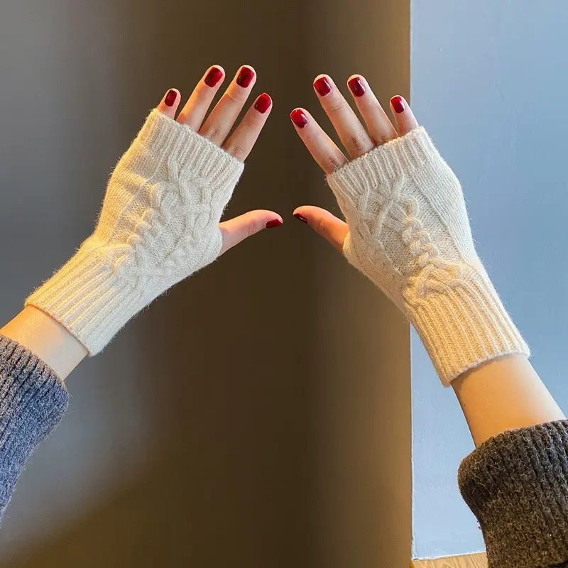 Twist Cable Knit Fingerless Gloves for Women, Soft Warm Half Finger Knitted Wrist Cuffs, Autumn Winter Windproof Writing Typing Arm Warmers, One Size Multiple Solid Colors Available