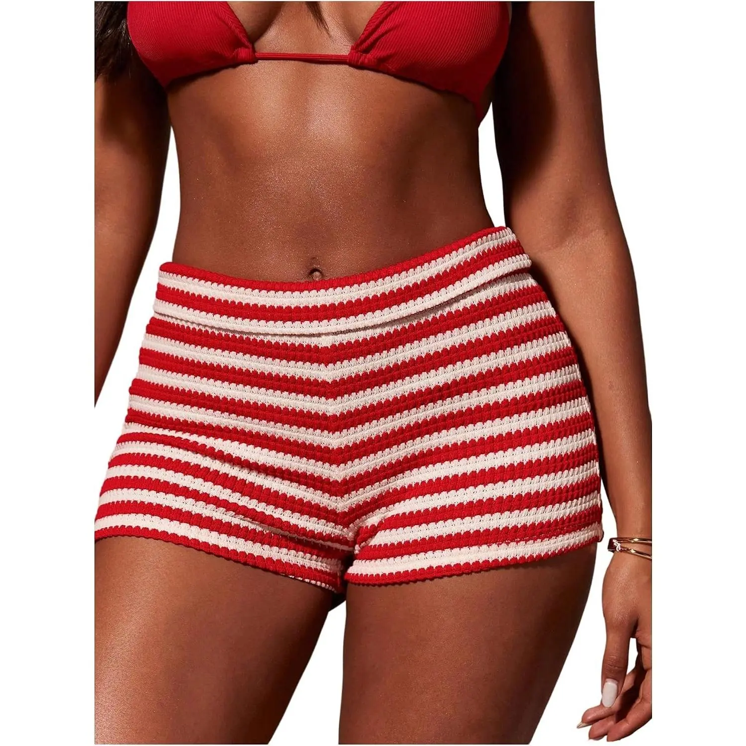 Women's Striped Crochet Micro Shorts Y2k Knit Booty Summer Beach Mini Shorts