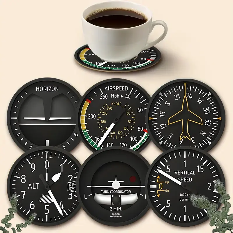 2D Flat Surface, 6 Pieces Charming Car and Airplane Pattern Wooden Ceramic Coasters - Round Heat-Resistant Non-Slip Drink Mats, Party Essential Home Decoration - Perfect Gift Idea, Holiday Theme Wall Art/Coaster Set, 2D Flat Surface