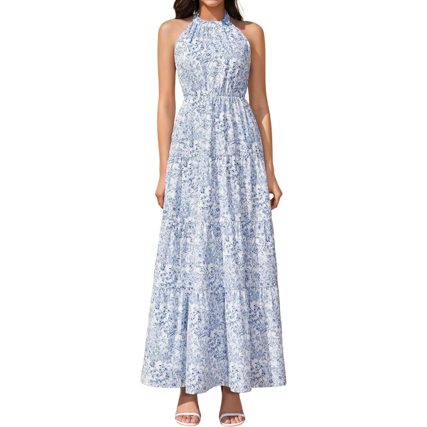 Women's Smooth Backless Bluefloral Halter Boho A-Line Flowy Ruffled Tiered Hem Tiered Layer Maxi Dress, Casual Vacation Beach Wedding Guest Sundress, Long