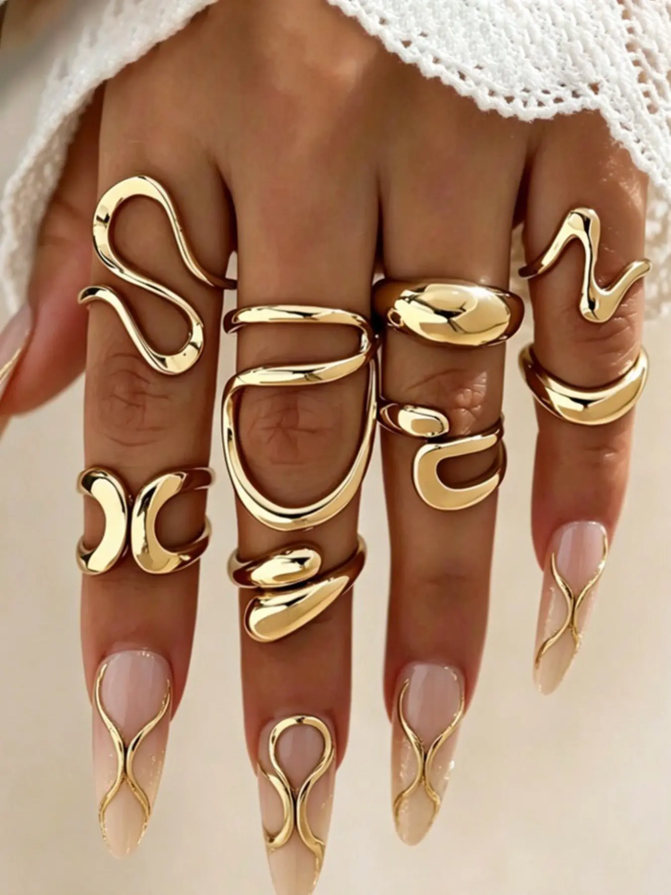 8 Piece Fashion Geometric Irregular Opening Rings Set, Adjustable Metal Finger Cuffs, Stylish Jewelry Collection for Women, Fashion Jewelry Accessories