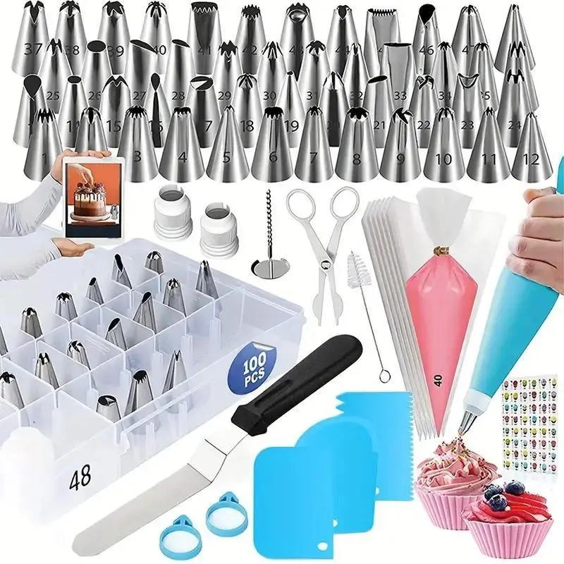 100pcs cake decorating set, baking tools, including 48 stainless steel piping tips, 50 thickened disposable piping bags, cake scraper, spatula, reusable piping bags, piping scissors, piping nails and other kitchen gadgets, plus a storage box. Suitable for