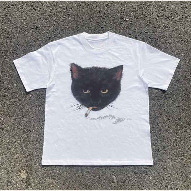 Smocking Cat T-Shirt, Unisex Vintage Graphic Tees Gothic Grunge Emo Scene Amity Affliction Style Clothes Men Women Streetwear Pattern Retro tshirts Rifle In Utero clothing Tour