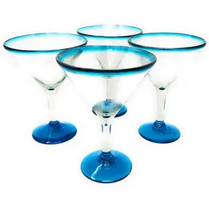 Set of 4 Hand Blown Modern Mexican Margarita Glasses 12 oz Aqua Rim