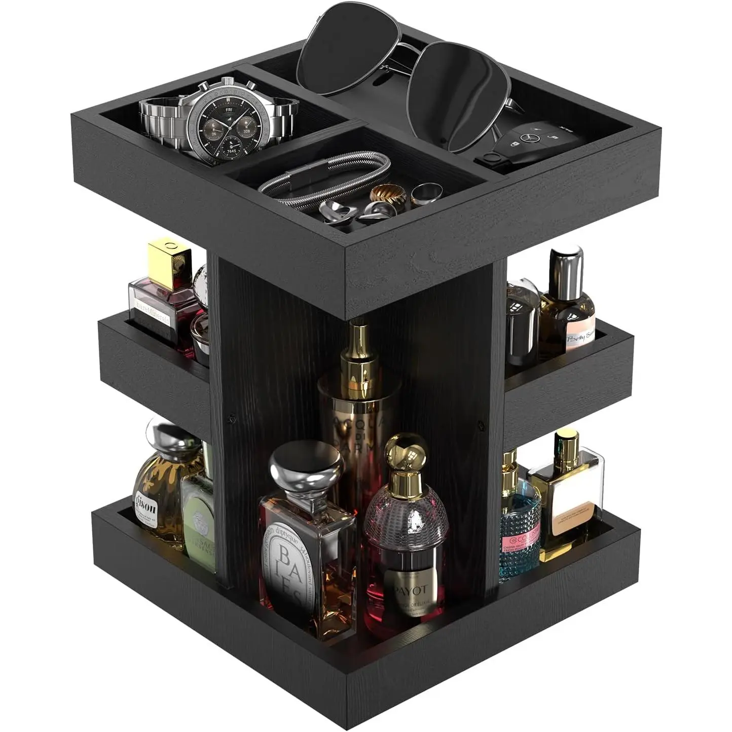 Men's 3-Tier Synthetic Compact Durable Rotating Cologne Organizer - 360-Degree Rotating Stand, Perfume Storage for Organizing Perfumes, Burlywood Black Bathroom Counter Organizer, Male Grooming