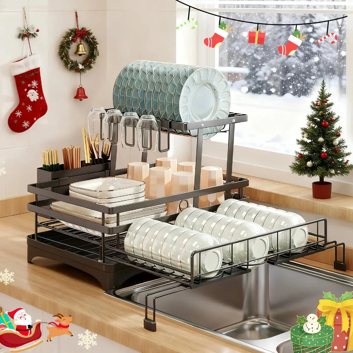 Foldable over Sink Dish Drying Rack, Pull-Out 2-Tier Dish Drainer with Utensil Holder, Space Saving Kitchen Organizer for Small Kitchens