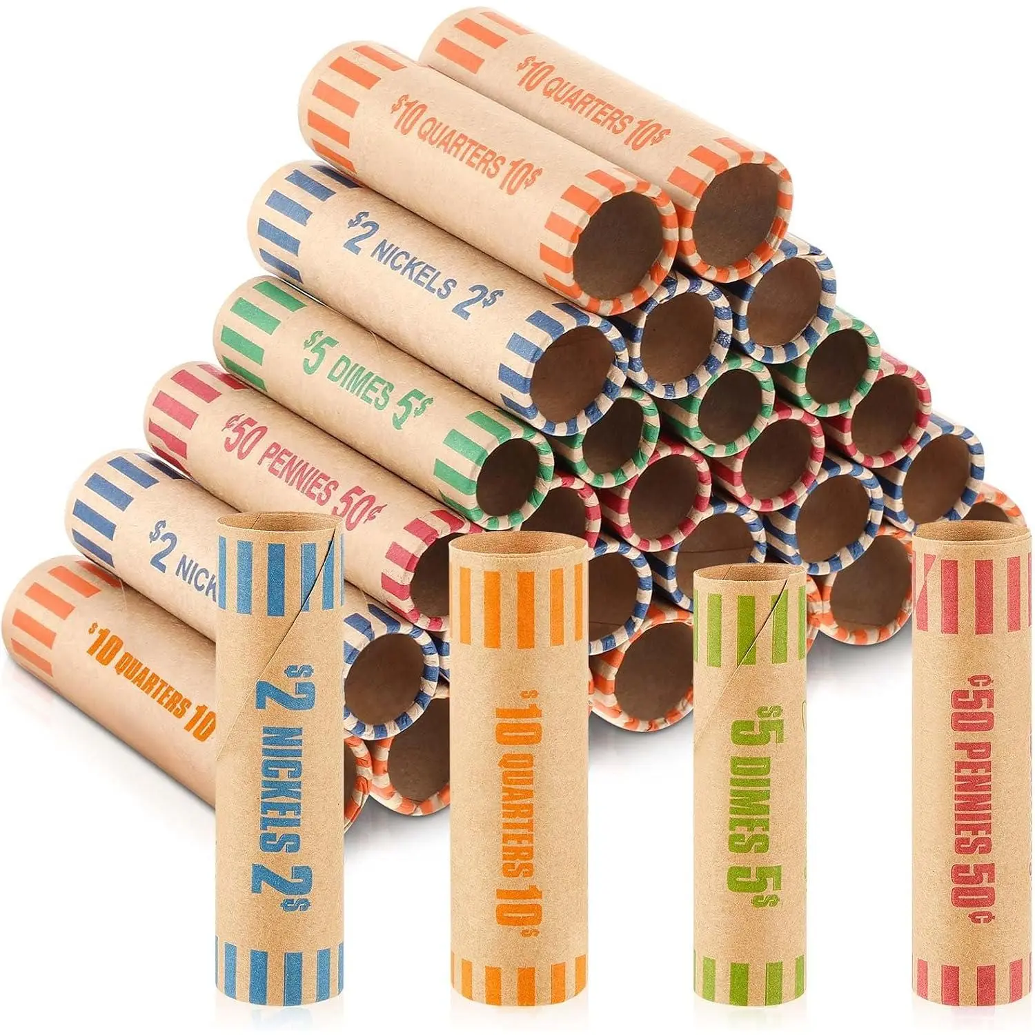 512 Pcs Coin Wrappers Preformed Assorted Heavy Duty Coin Rolls Wrappers Includes Quarters, Pennies, Nickels and Dimes (4 Style,Colorful)