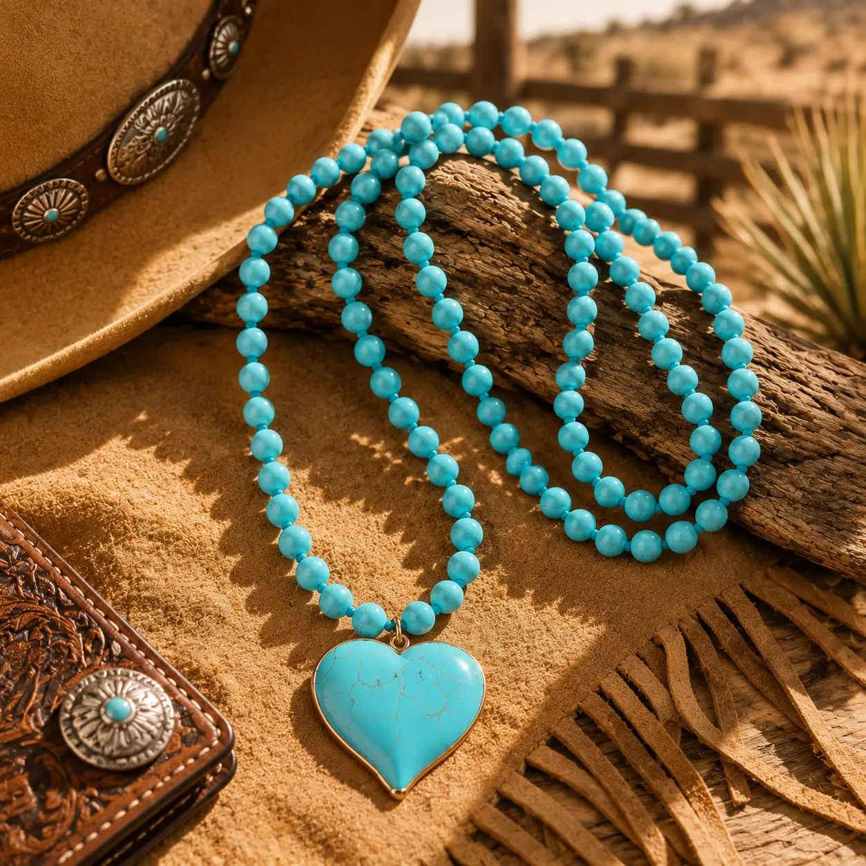 Women’s Turquoise Heart Pendant Necklace, Boho Layered Long Statement Necklace with Blue Gemstone Beads, Vintage Western Cowgirl Style Jewelry, Coastal Festival Beach Vacation Accessories Gift for Women