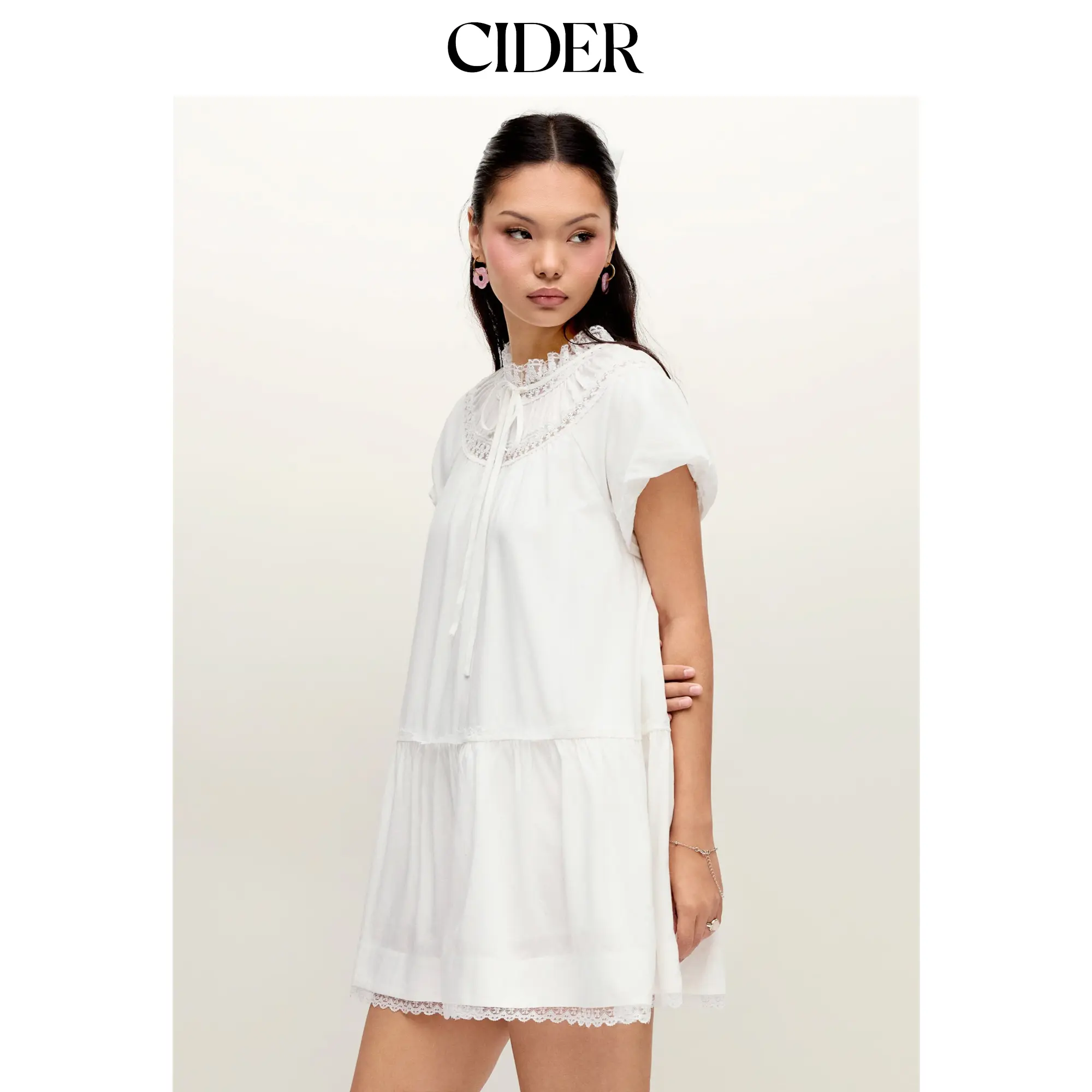 Cider Linen-blend Turtleneck Puff Sleeve Lace Trim Oversized Smock Mini Dress