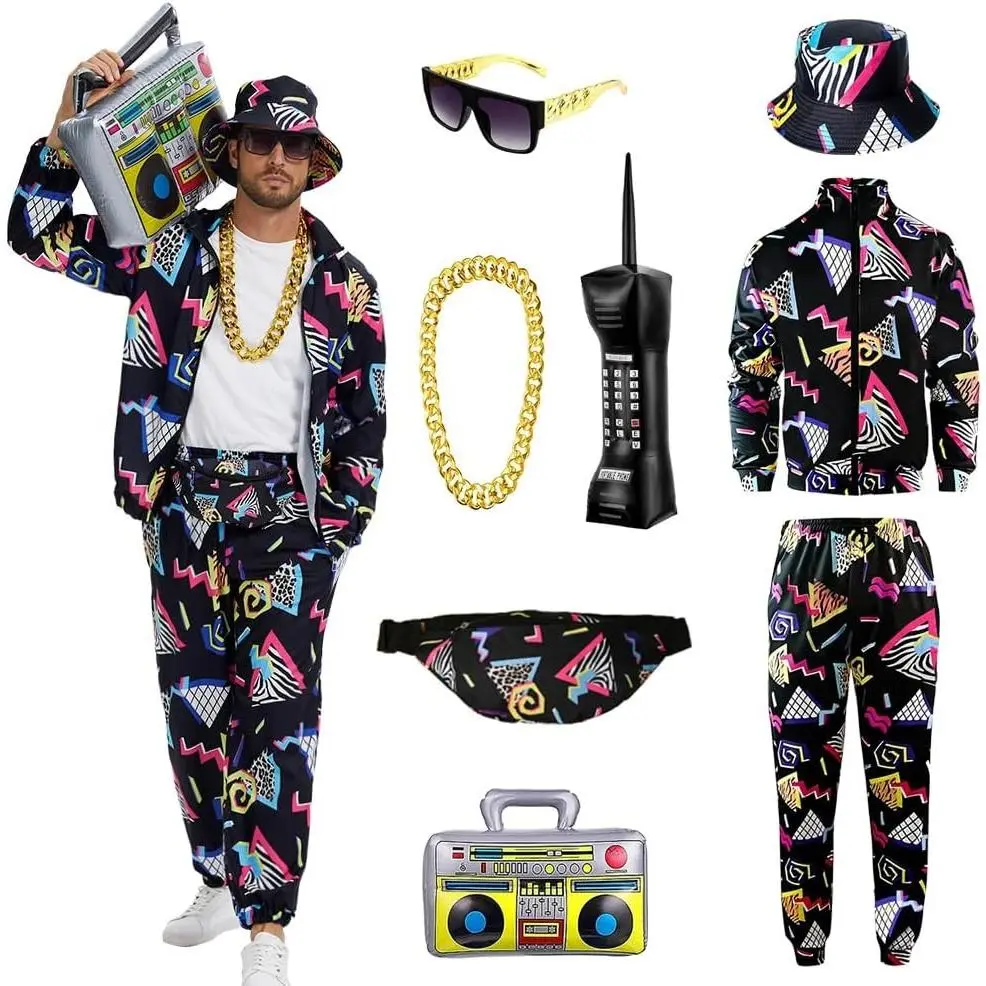 80s 90s Outfit for Men Halloween Costume with Accessories, Retro Hip Hop Track Suit Jacket & Pants Set for Themed Party(Gift)