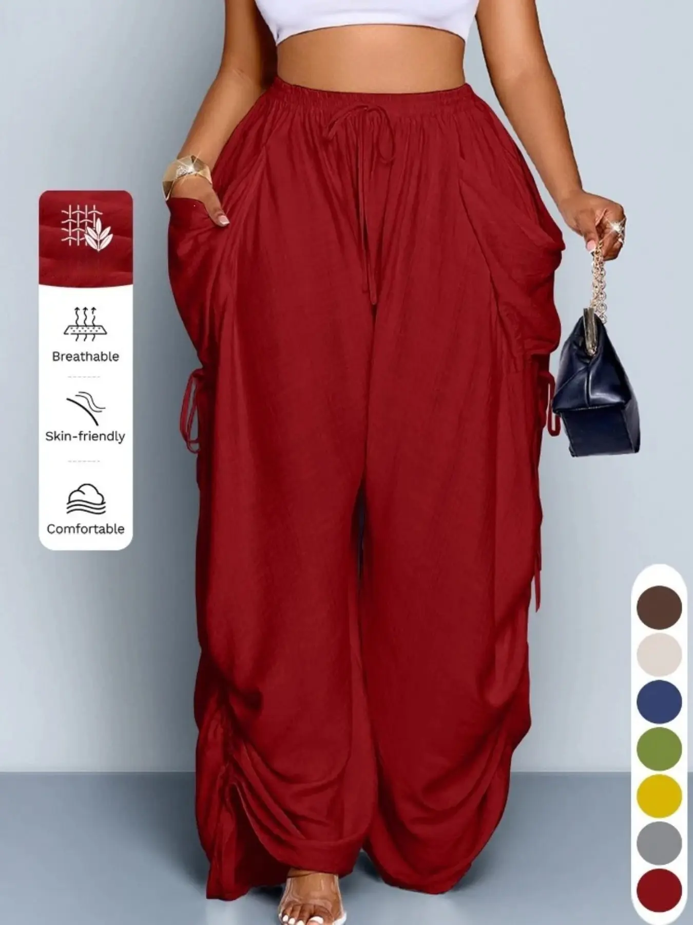 High-Waisted Drawstring Linen Wide-Leg Pants for Women, Casual Comfortable Home Wear, Spring & Fall Fashion, Multiple Colors Available