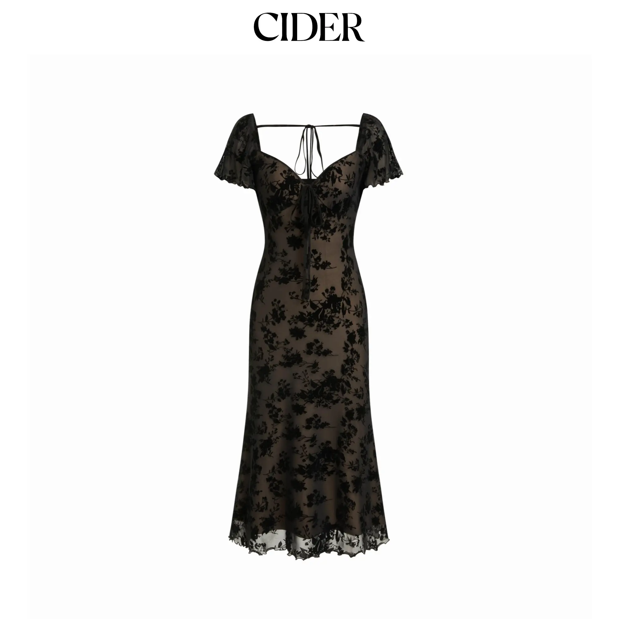 Cider Mesh Flocking Floral Sweetheart Ruffle Sleeve Mermaid Midi Dress Cider Mesh Flocking Floral Sweetheart Ruffle Sleeve Mermaid Midi Dress