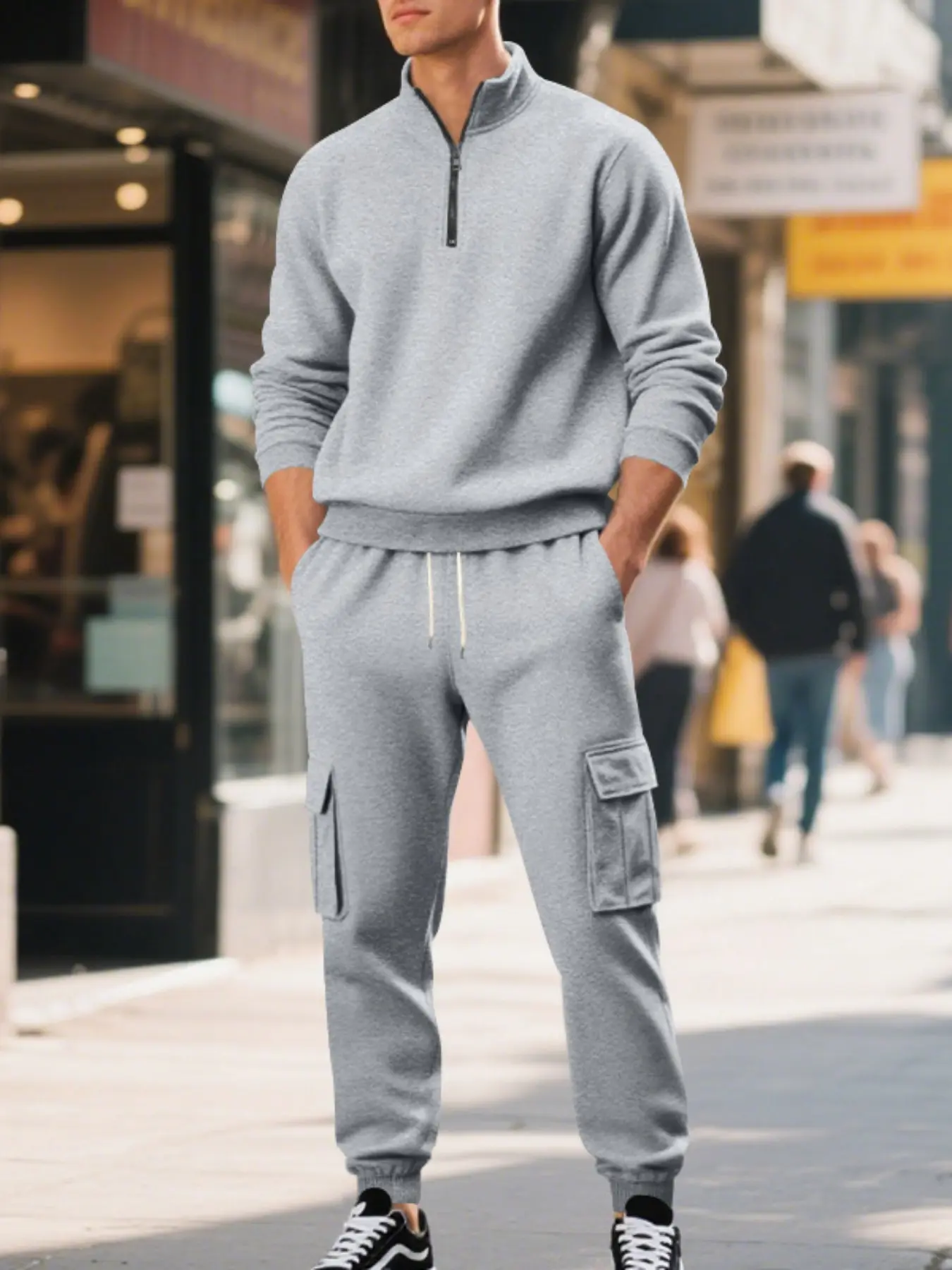 Men's fleece pullover with zipped stand-up collar, casual pants set - multi-pocket functional style, sporty and casual ensemble, thick and warm, loose fit design