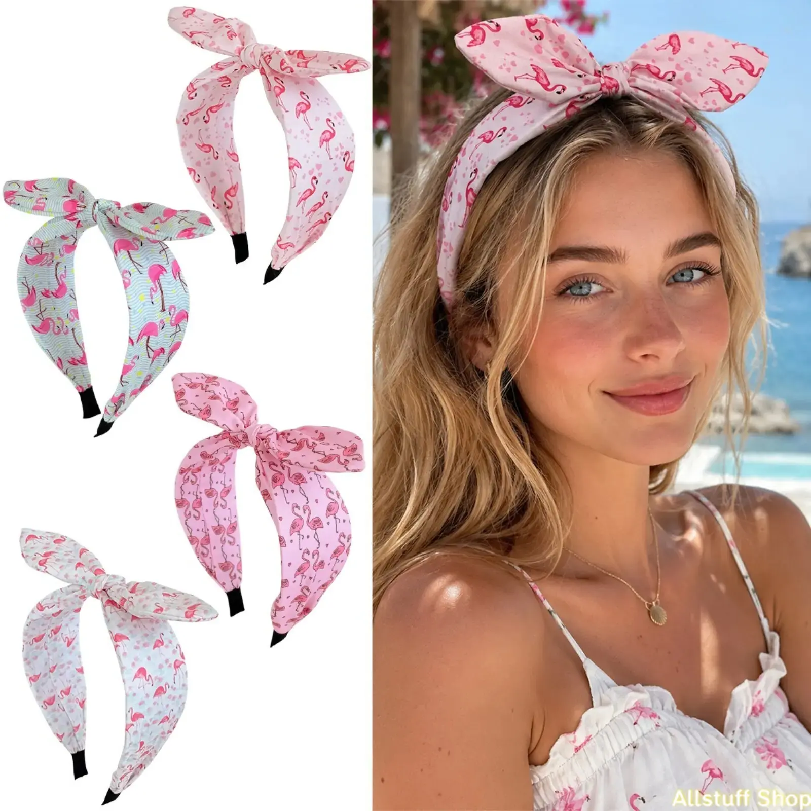 Women's Pink Flamingo Knotted Bow 4pc Wide Non-Slip Printed Headbands, Vintage Hair Accessories for Beach Party, Sports & Outdoor Daily Use, Female, Cute, One Size
