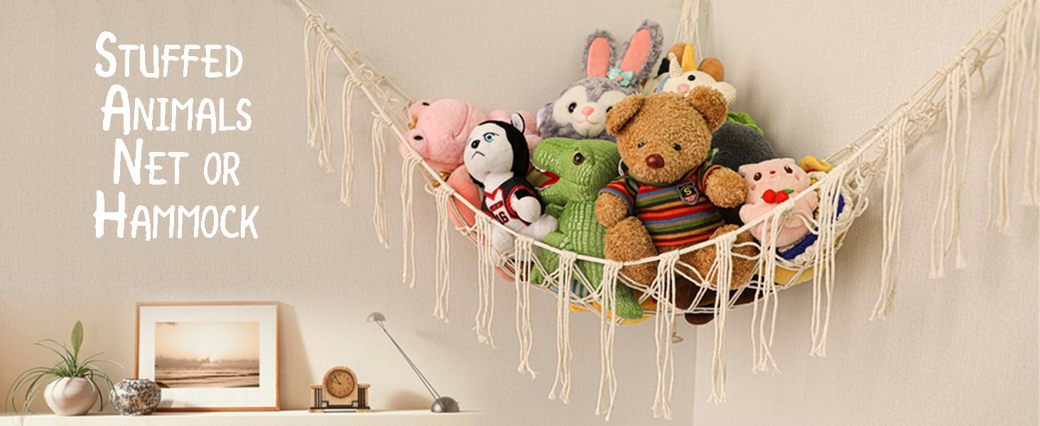 Stuffed Animal Hammock Corner, Hand-knitted Large Plushie Net Toy Hammock with Wooden Rings | Boho Cute Stuff Animal Storage for Nursery & Bedroom | Mesh Kids Toy Organizer Holder Nursery Room Decor