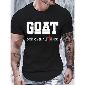 Casual Religious Style, Men's T-Shirt, Goat God Over All Things Cross Graphic Print, Summer Daily Wear Church Activity, Christian Believer Father Husband Boyfriend Gift