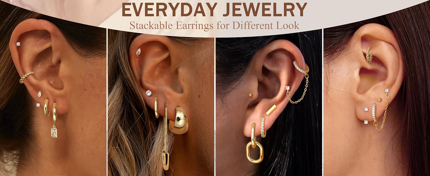 Jstyle Small Gold Hoop Earrings Set for Women, 14k Gold Plated Hoop Studs Earrings for Women, Hypoallergenic Dainty Gold Earrings for Gift