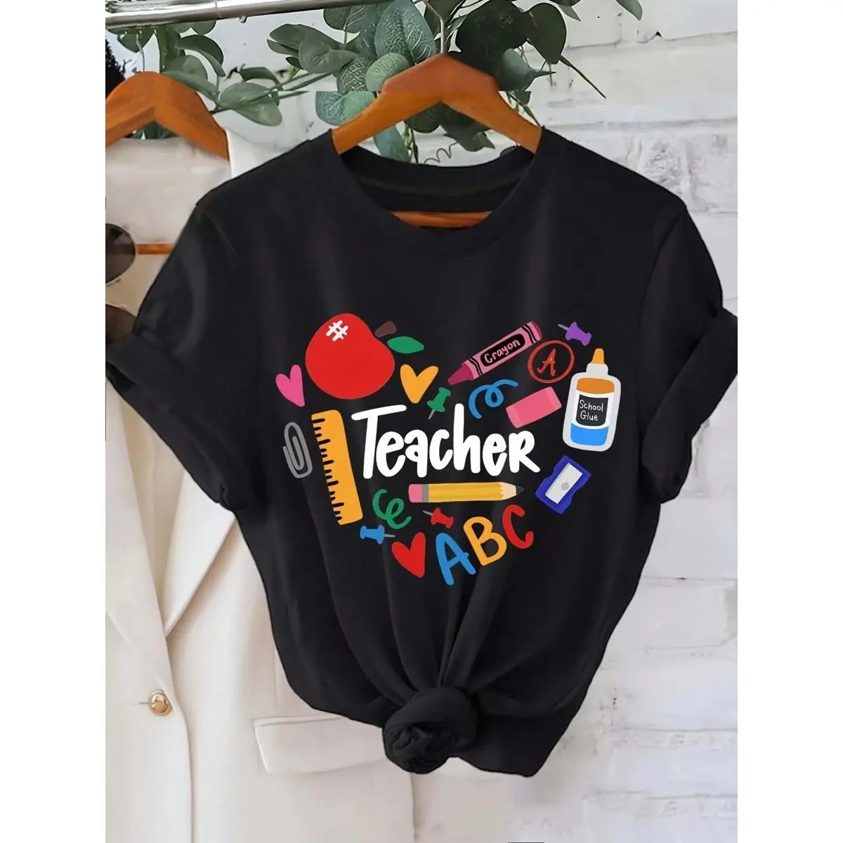 Women's Vibrant Teacher Print Short Sleeve Crew Neck T-Shirt - Chic, Comfortable, Breathable Casual Spring-Summer Top - Relaxed Fit, Machine Washable, Do Not Dry Clean, Letters-Infused For School Use, Graphic, Loose-Fitting, Normal Type, Plus Size, Regula