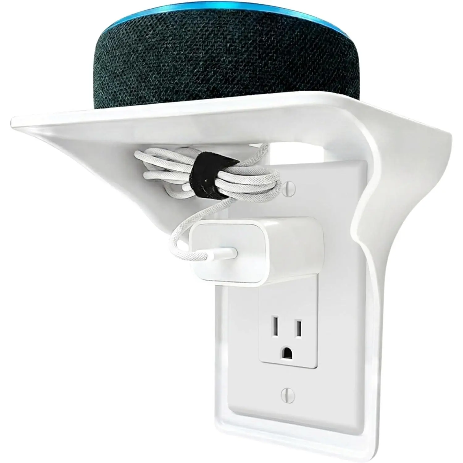 White 1-Pack Outlet Shelf - USA-Made Organiser Shelves Platform for Alexa, HomePod Mini, WiFi Router, with Cord Storage Strap, Charging Station, Holds 10 lb, Home Decor, Bedroom Decor (Bathroom, Kitchen Use)