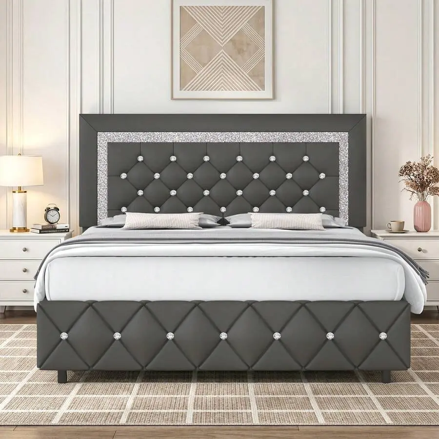 Twin/ Full/ Queen/ King Size Bed Frame, Upholstered Bed Frame With Diamond Headboard And Footboard, Pearl White/ Beige/ Black/ Grey/ Pink/ Purple/ Green (Halloween Bedroom Refresh/ Halloween Room Refresh/ Fall Home Refresh)