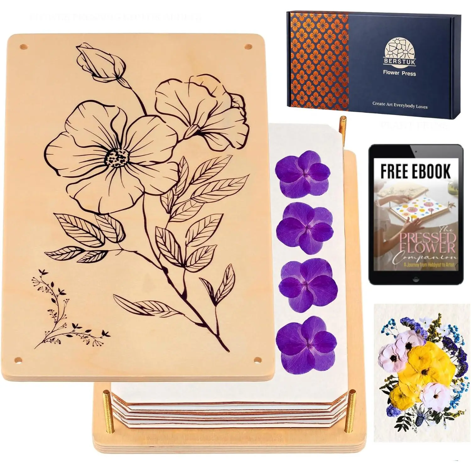 Wooden Flower Press for Adults and Teens - Includes Expert Video Tutorials - Large Flower Press Kit 10.8" x 6.9" - Gift-Ready Packaging Ideal for Arts and Crafts Lovers| Wooden flower pressing kit with blotting paper sheets & expert video tutorials.Press