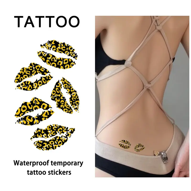 Gold Leopard Print Lip Tattoo Temporary Tattoo Sticker, Long-Lasting Waterproof, Realistic Fake Tattoos for Arms, Hands, Chest, Waist, Legs