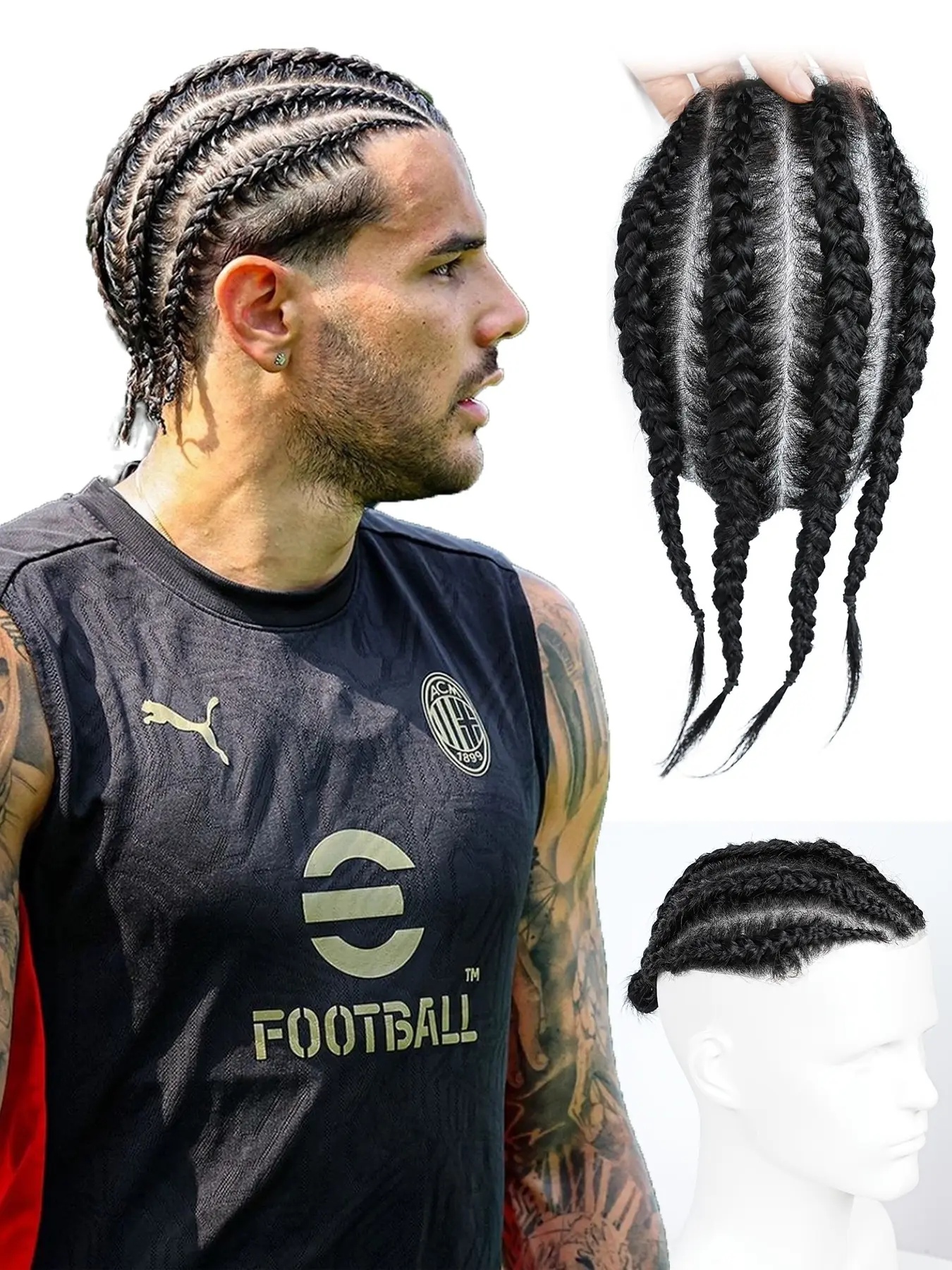 Men's cornrow braid wig, V-Looped design, ultra-thin PU Topper base, 100% human hair, Invisible hairpiece, seamlessly blends scalp, solves the problem of thinning hair on top, Hair Replacement, natural realistic wig suitable for various occasions