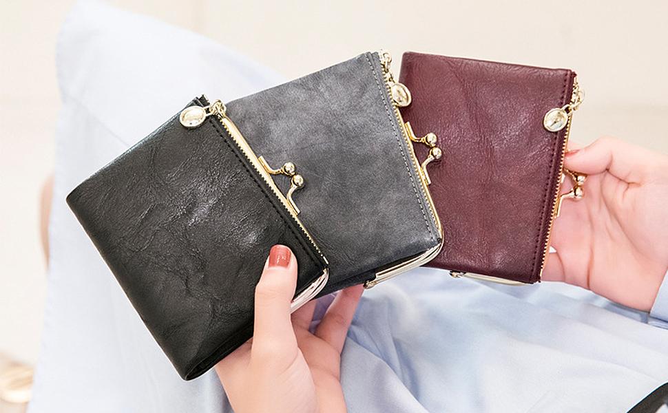 Women's Vintage Leather Wallet with Kiss Lock, Small Compact RFID Blocking Bifold Coin Purse, Ladies Money Organizer with Zipper Pocket for Cash and Cards