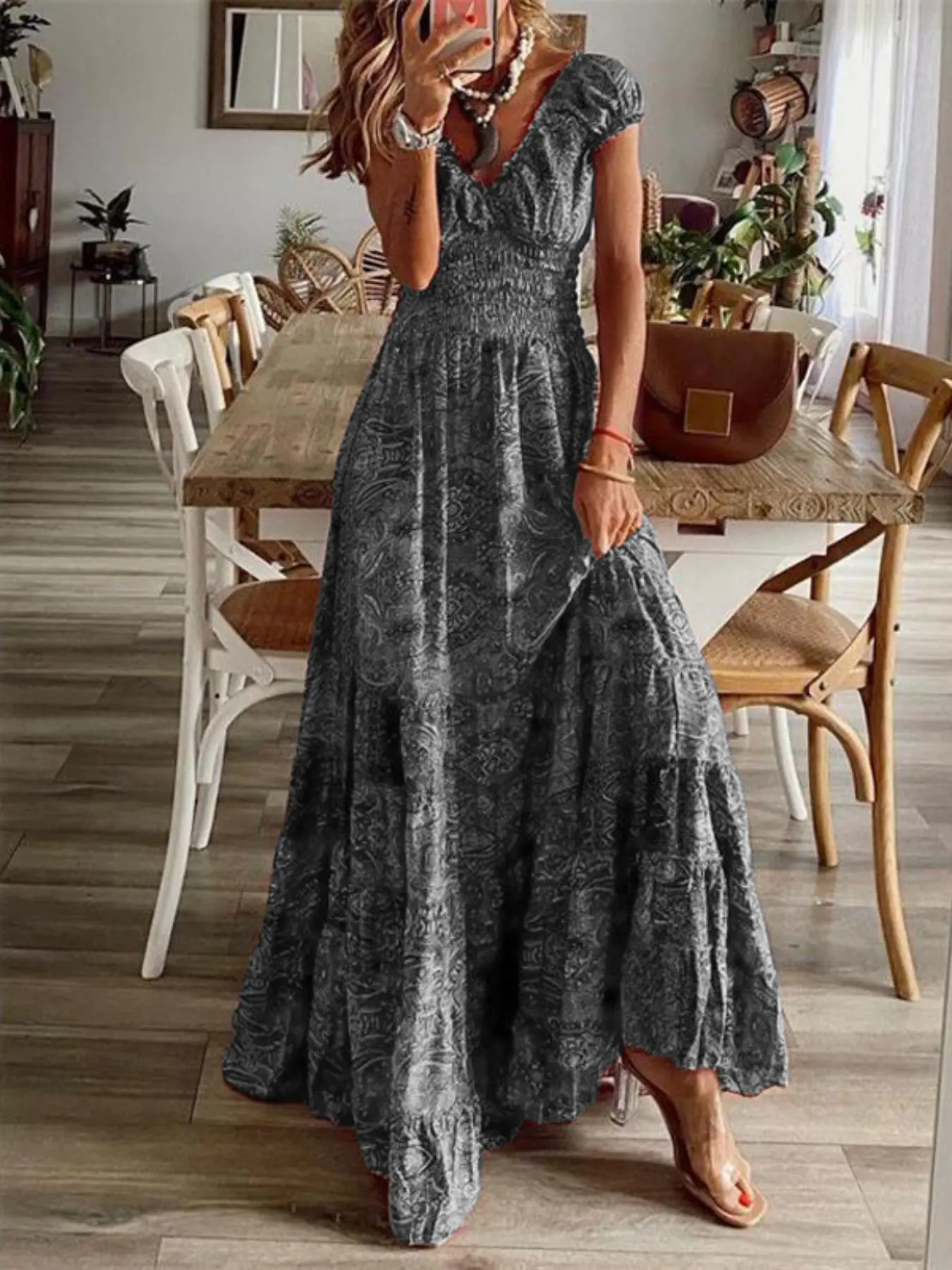 Boho Style Chic Long Dress, New Arrival Floral Print Maxi Dress, Waist Cinched A-Line Style, European & American Fashion