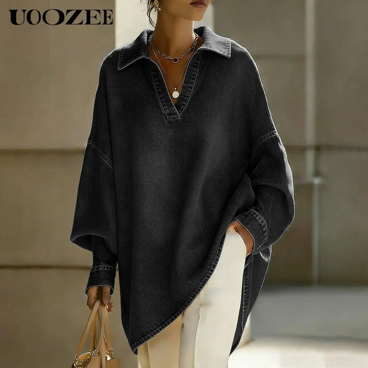 UOOZEE Women's 2026 Autumn/Winter Soft Thick Oversized Collared Cotton Blouse - Long Sleeve V-Neck High-Low Hem Minimalist Simple Long Sleeve Shirt, Loose Boyfriend Washed Tunic, Everyday Fabric Smart Casual Layering Top (Pairs with Tank Tops, Leggings),,