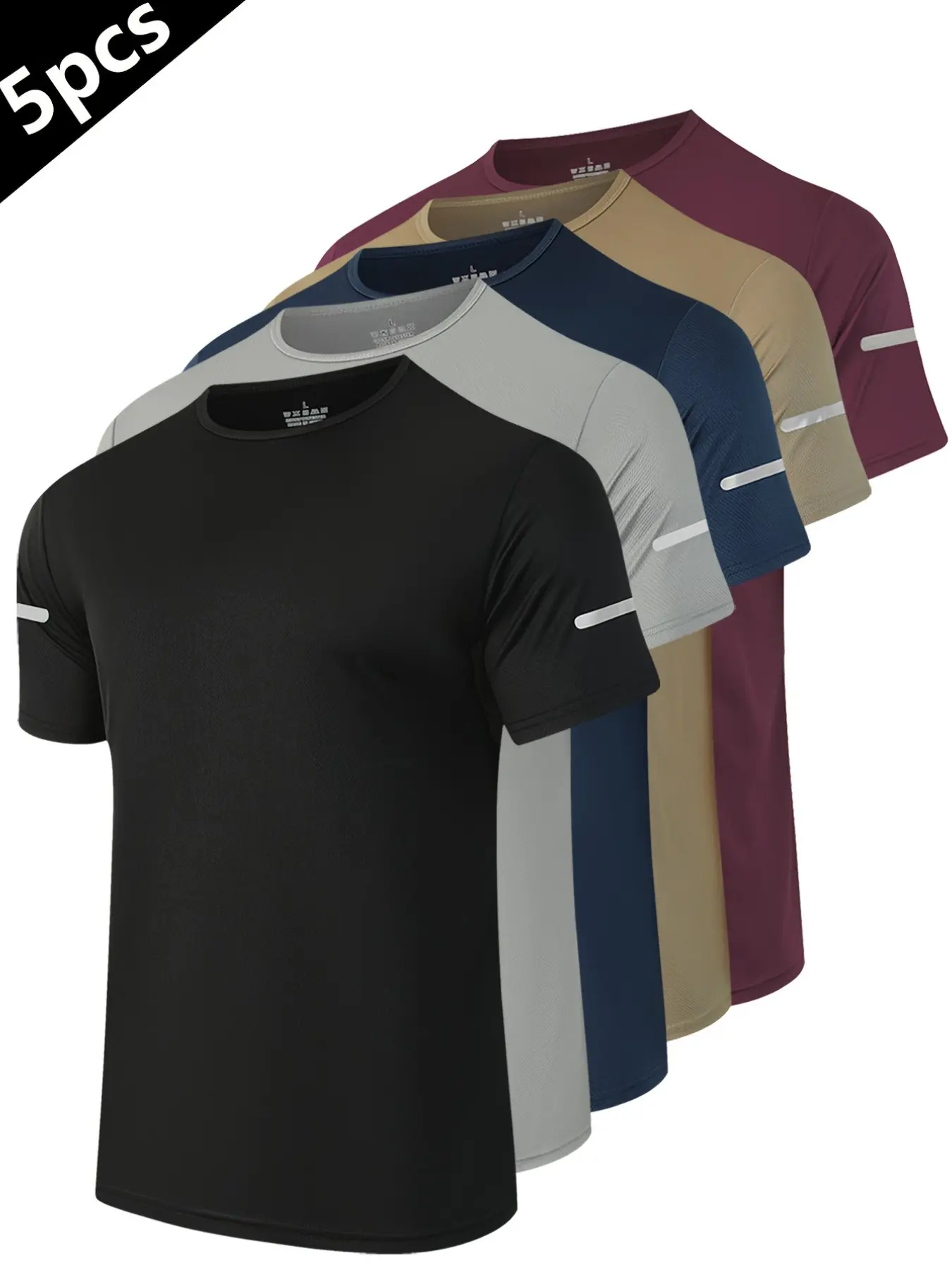 5-Pack Men's Sporty T-Shirts with Reflective Stripes, Quick-Dry Breathable Fabric, Night Running Apparel, Ideal Gift for Friends, Dry Fit Tees