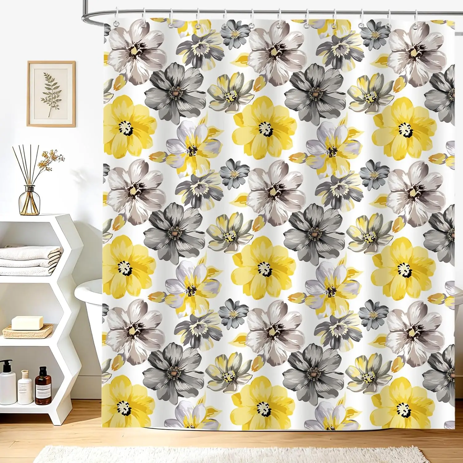 72x72 in Spring Farmhouse Polyester Shower Curtain - Yellow Gray Watercolor Floral, Lightweight Washable Waterproof Fabric, Bathroom Bathtub Decor, 12-Piece Metal Hooks for Easy Installation