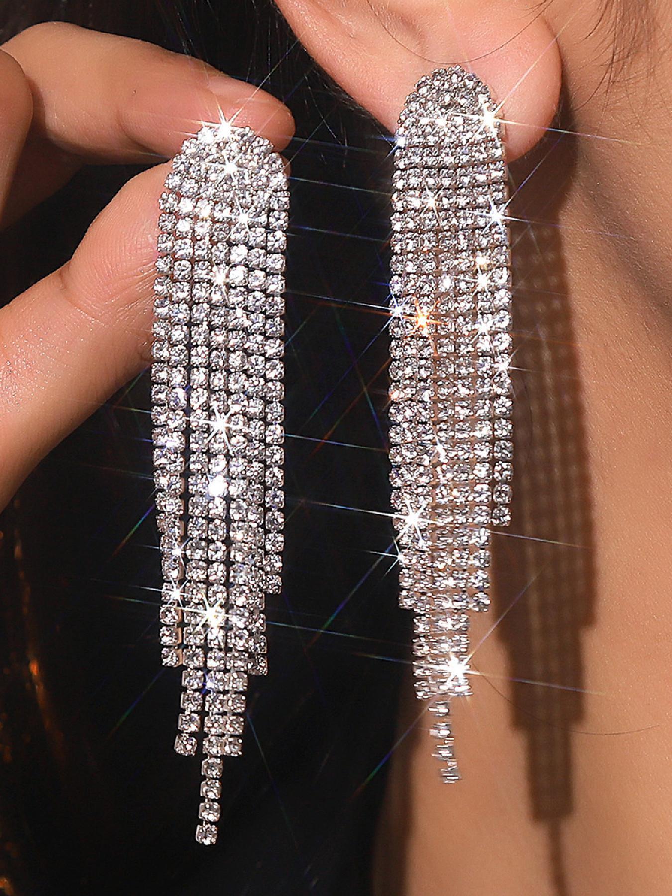 Rhinestone Decorated Earrings, Statement Earrings, Fashionable Long Tassel Earrings for Party, Daily Clothing Decor, Trendy All-match & Exquisite Jewelry for Birthday Gift