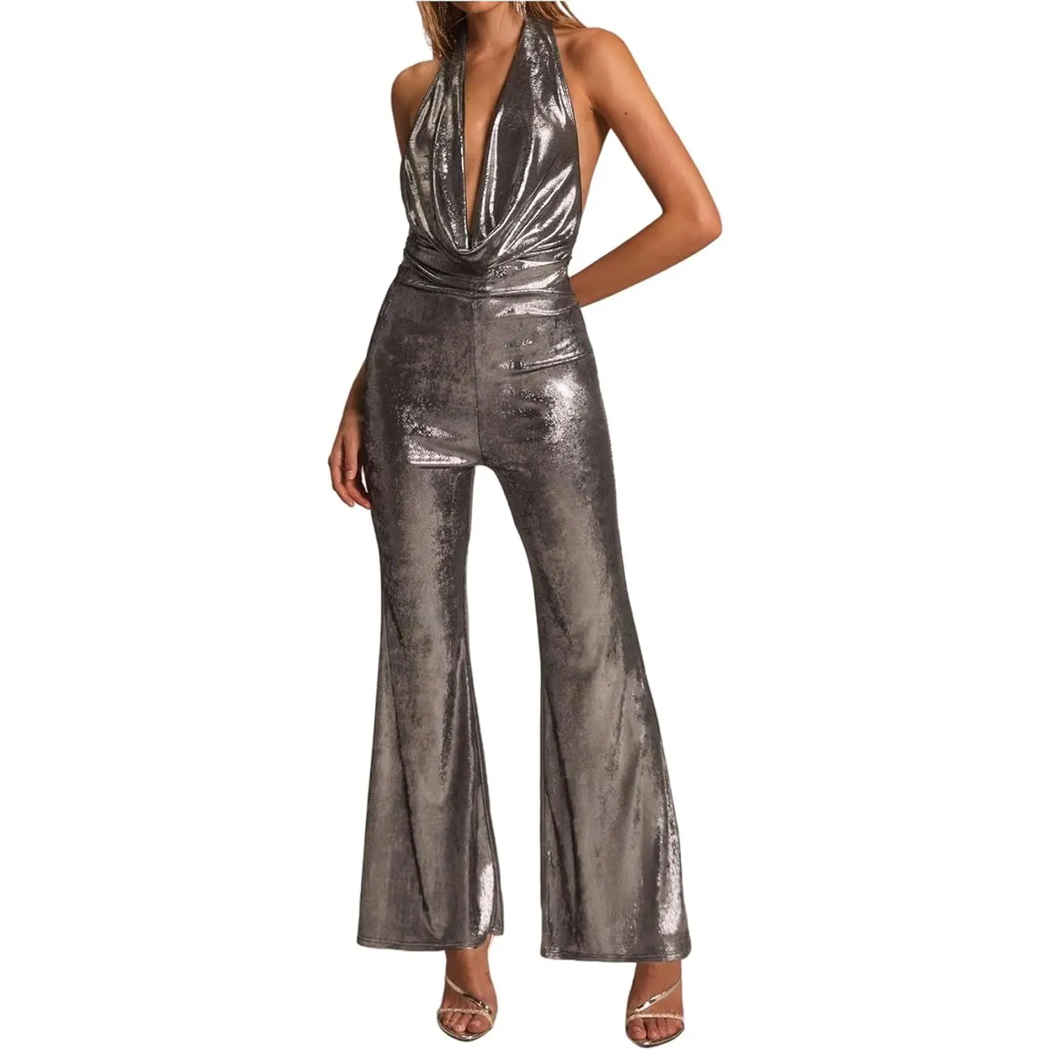 Women's Halter Cowl Neck Open Back Flare Leg Metallic Jumpsuits One Piece Rave Outfits