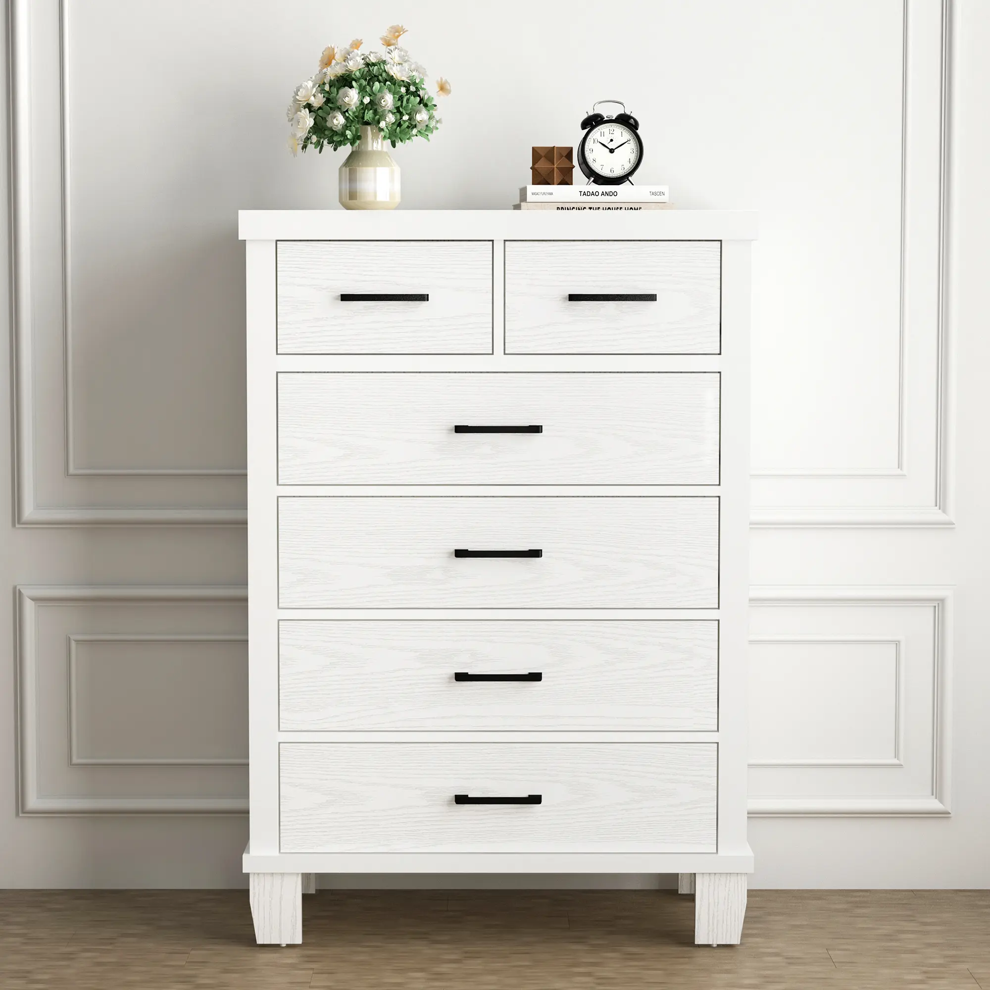 6-Drawer Vintage Dresser – Tall Wooden Chest, Metal Handles – Farmhouse Storage for Bedroom, Closet, Living Room, Hallway, Nursery – White & Grey