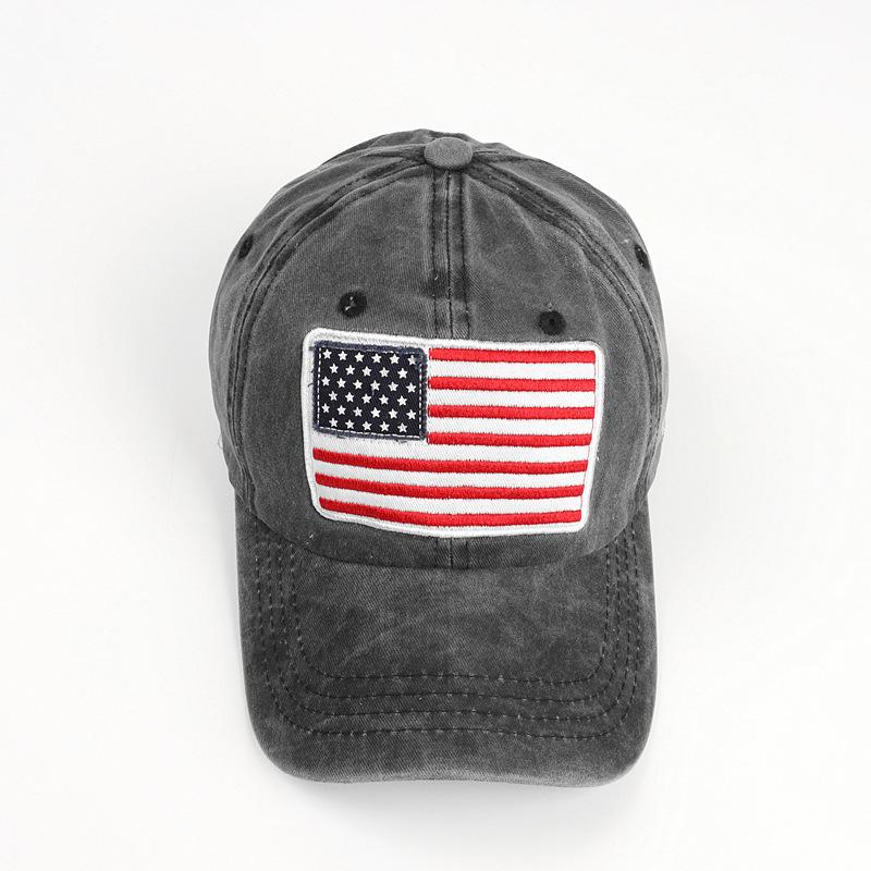 Baseball cap with American flag, pure cotton, letter embroidery, washed and distressed, curved brim, trendy new product