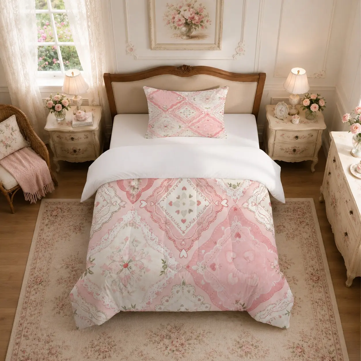 2/3 Pcs Pink Coquette Floral Patchwork Comforter Set, 1 Quilted Comforter + 1/2 Pillowcases, Without Pillow Inserts, Lace Heart Floral Bedding Comforter, Perfect for Teen Girls Bedroom, Dorm Home Decor & Holiday Gifts, Blanket for Daughters