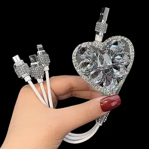 Diamond Bling Charger Cable 3-in-1 Heart Crystal Sparkly Aesthetic Girly Fast Charge Car Accessory Phone Charger Viral Gift for Her