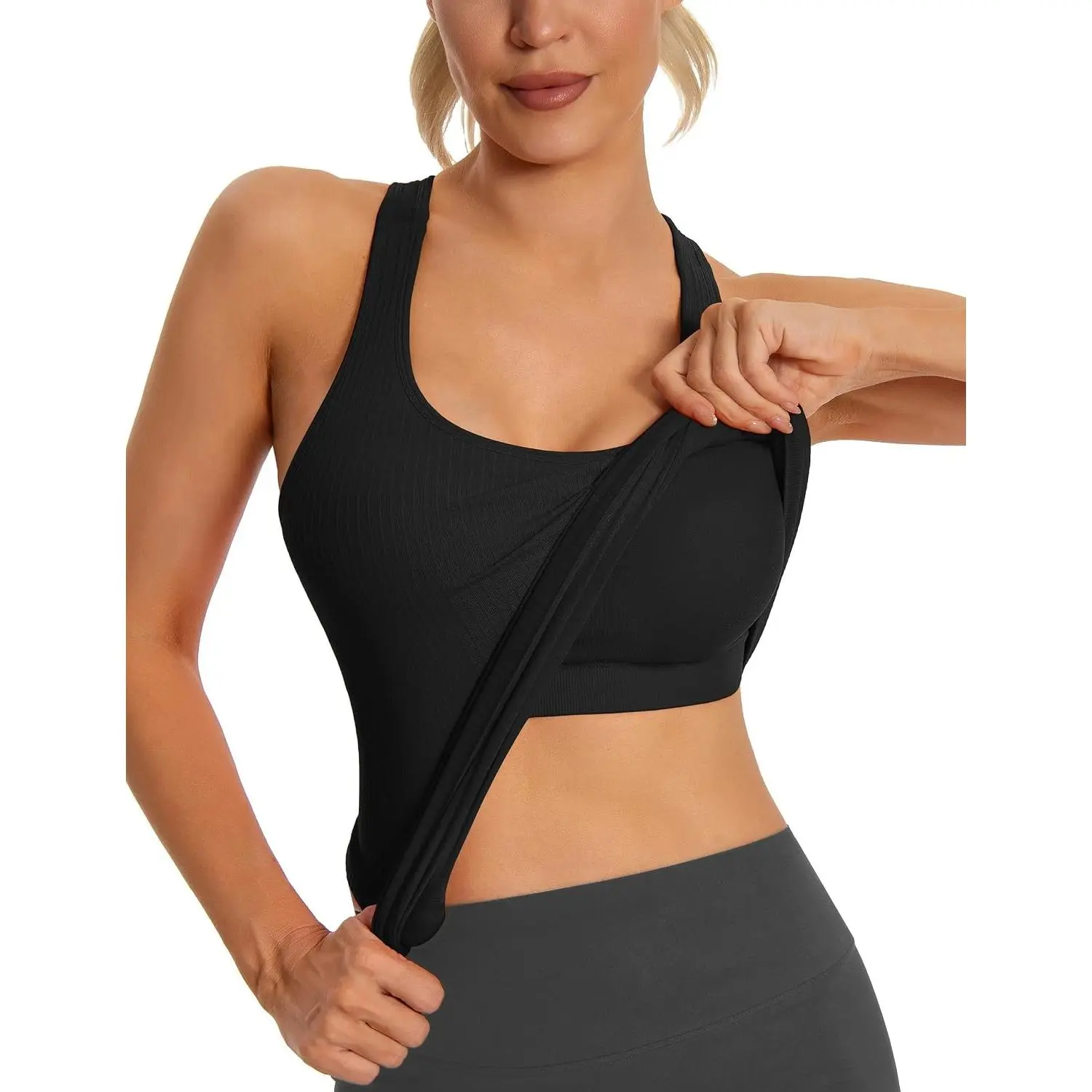 Seamless Workout Tank Top for Women with Built in Bra, Padded Racerback Ribbed Athletic Yoga Camisole (XS-2XL)