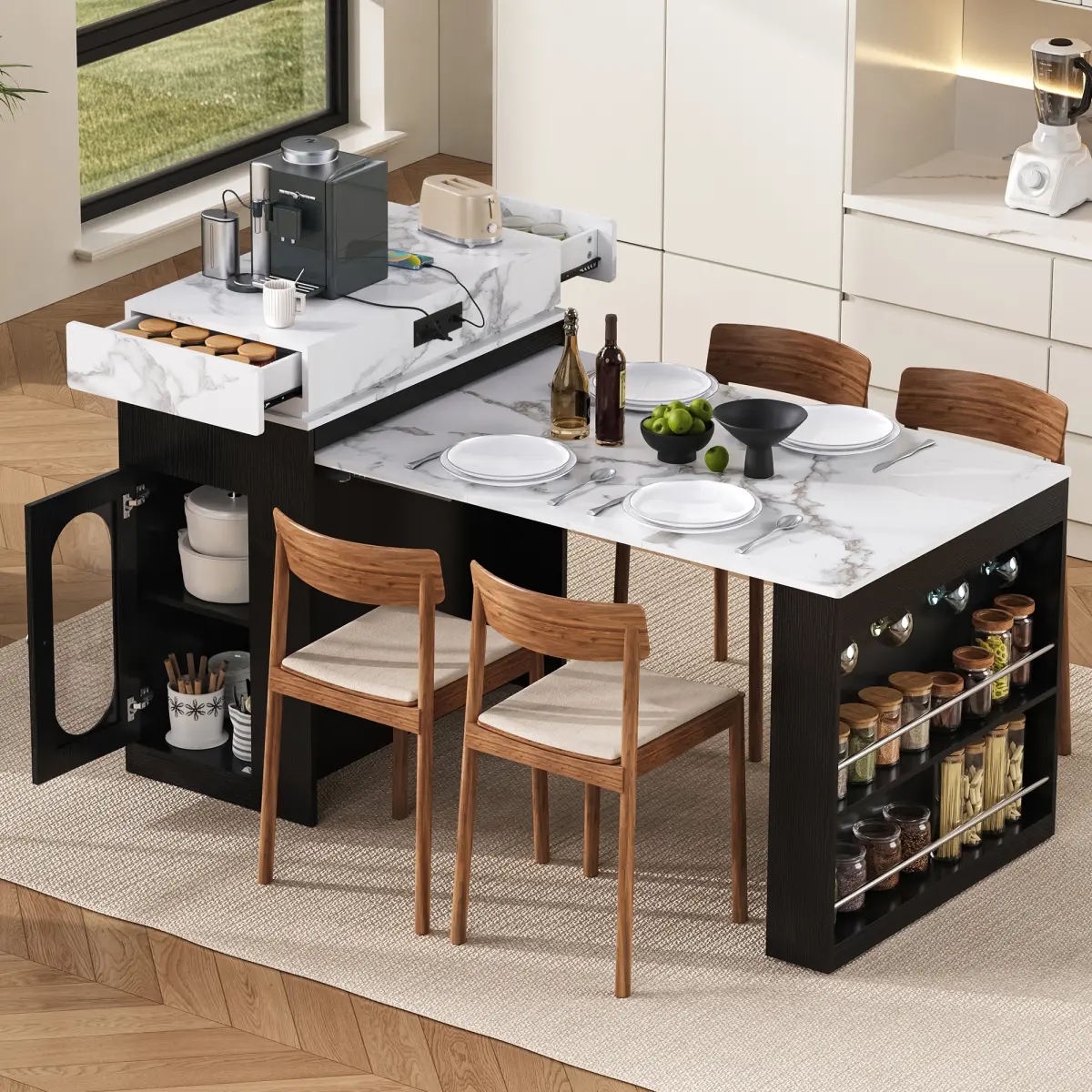 Aobtkel Extendable Foldable Modern Indoor Dining Table (18.7-57.7in L x 32.7in W x 37.8in H) – Folding Tabletop, Wheeled MDF+PB+Steel Sideboard with Drawers, Power Socket, Storage, Hooks (Black+Marble White, Stainless Steel, Assembly Required) [VIDEO]