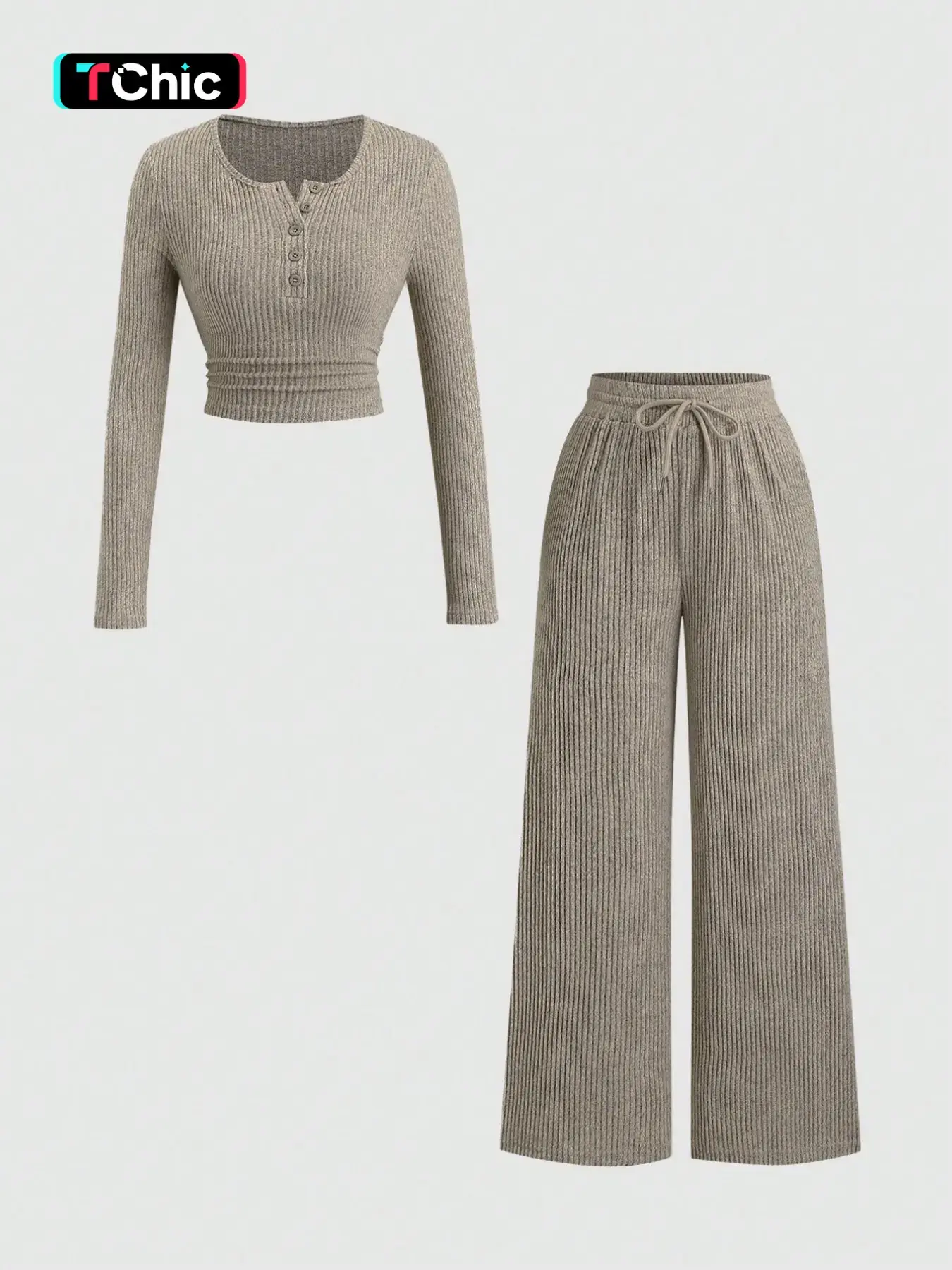 2 Piece Set Women Crew Neck Partial Button Ruched Waist Cropped Long Sleeve Top & Elastic Drawstring Wide Leg Pants Matching Two Piece Casual Loungewear Set