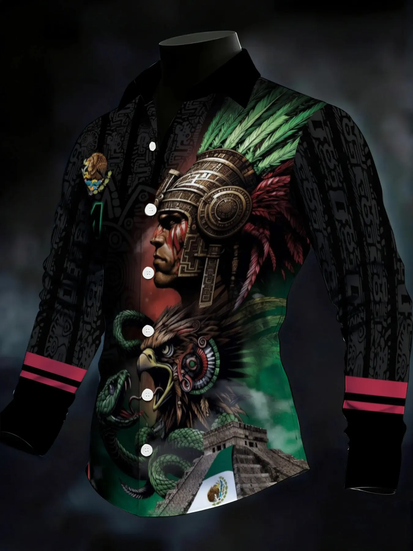 Men's Printed Short Sleeve Set Aztec Culture Design with Feathered Headdress Warrior Eagle Snake Pyramid Elements Black Base with Green Red Accents Suitable for leisure and sports Casual Sports Style, Casual Sporty Design